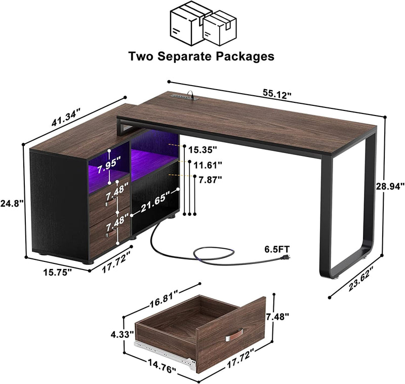 55 Inch L-Shaped Desk with Storage & Power